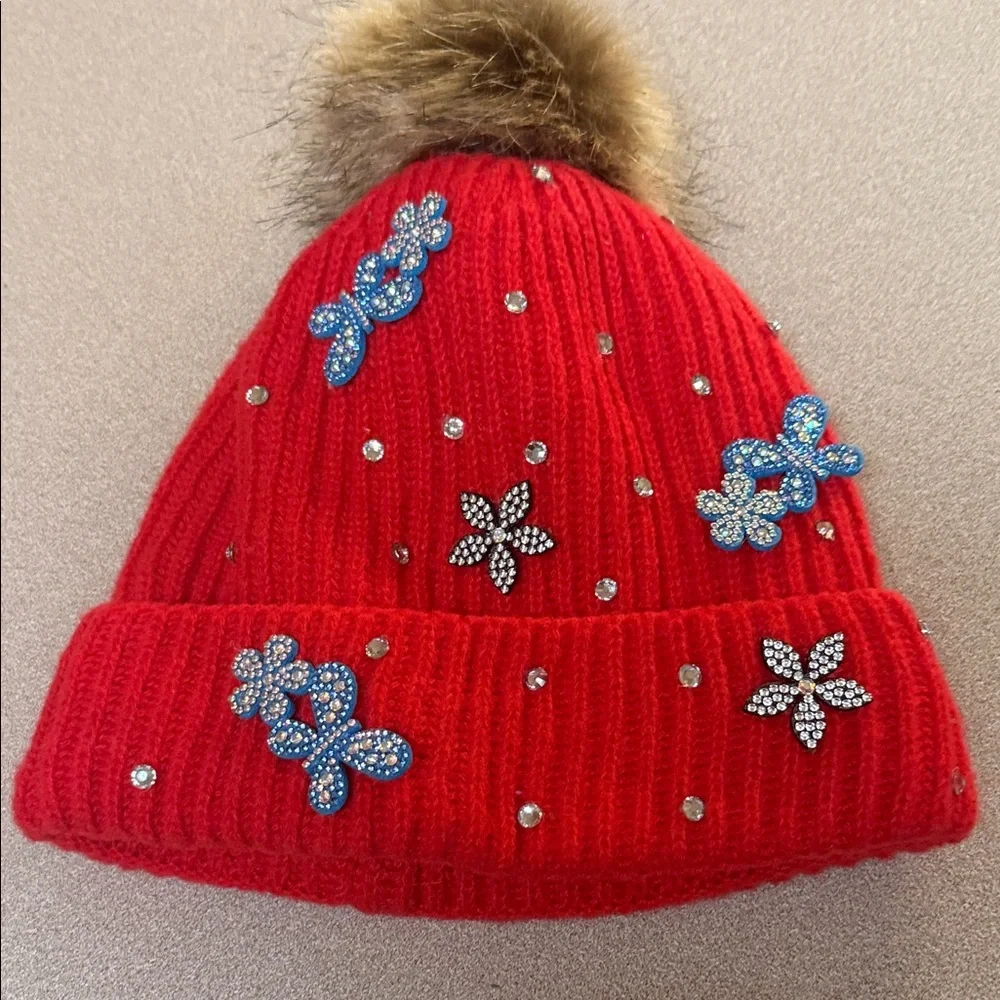 Red Knit Pom Pom Beanie with Butterfly/Flower Accents. - Picture 1 of 4